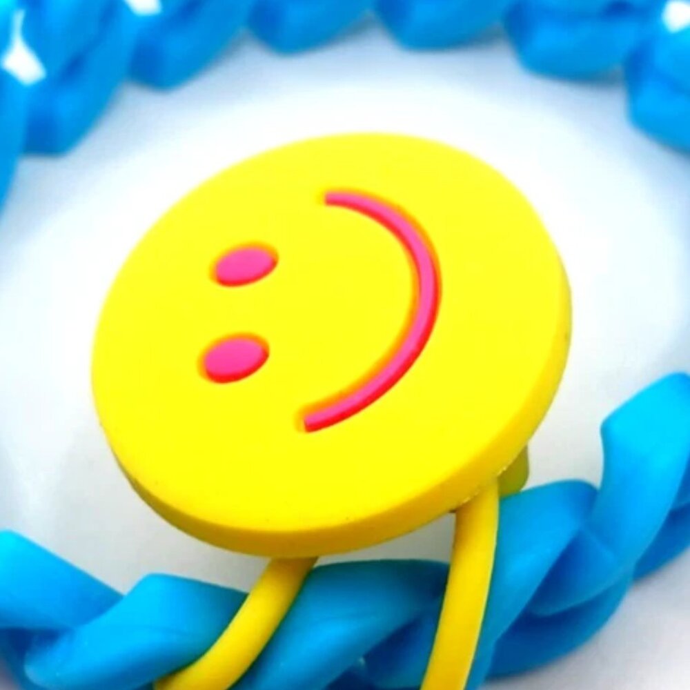 Smiley Face Silicone - Rubber Blue Bracelet -Wristband 8 Inches - Picture 8 of 8